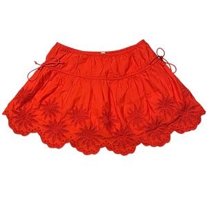 Free People Red Eyelet Embroidered Scalloped Mini Skirt Womens Size Small